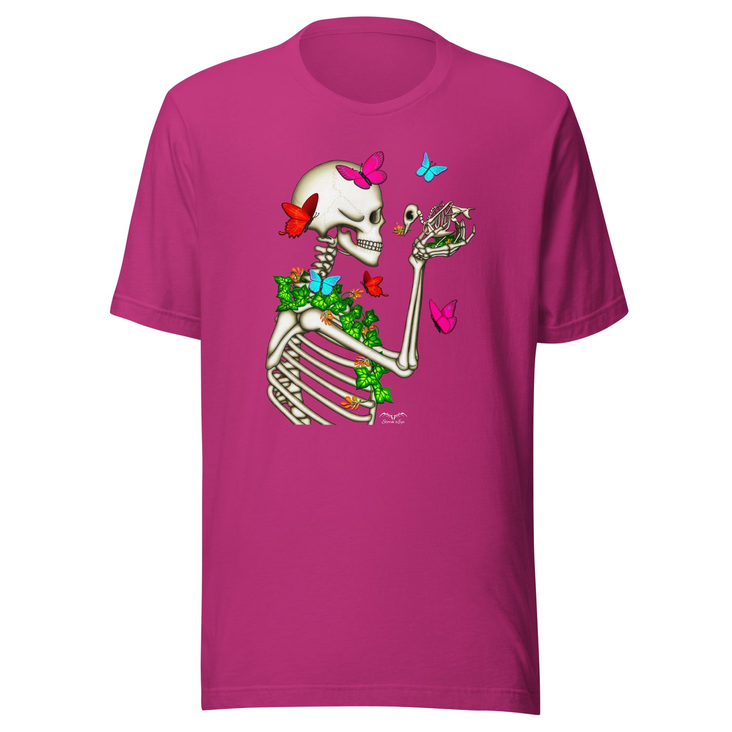 stormseye design skeleton and bird gothic T shirt, flat view pink