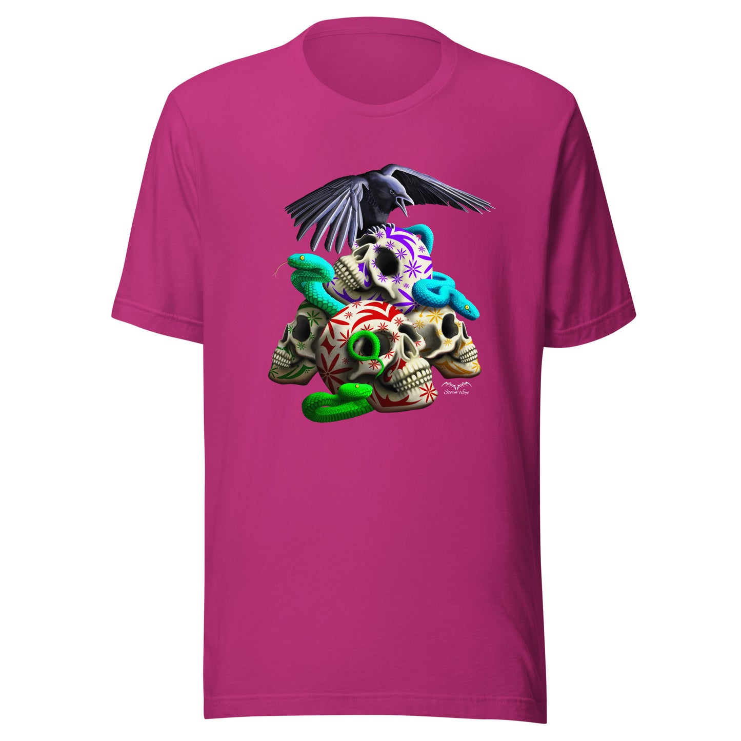 stormseye design gothic sugar skulls and snakes T shirt flat view pink