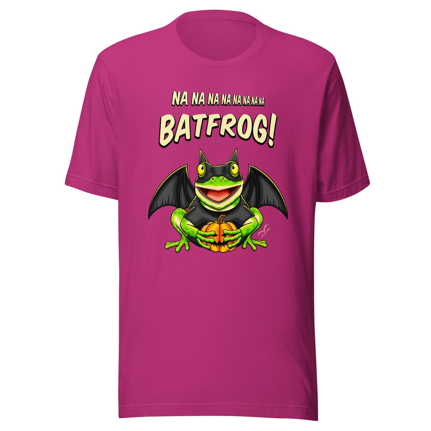 stormseye design funny bat frog halloween T shirt flat view pink