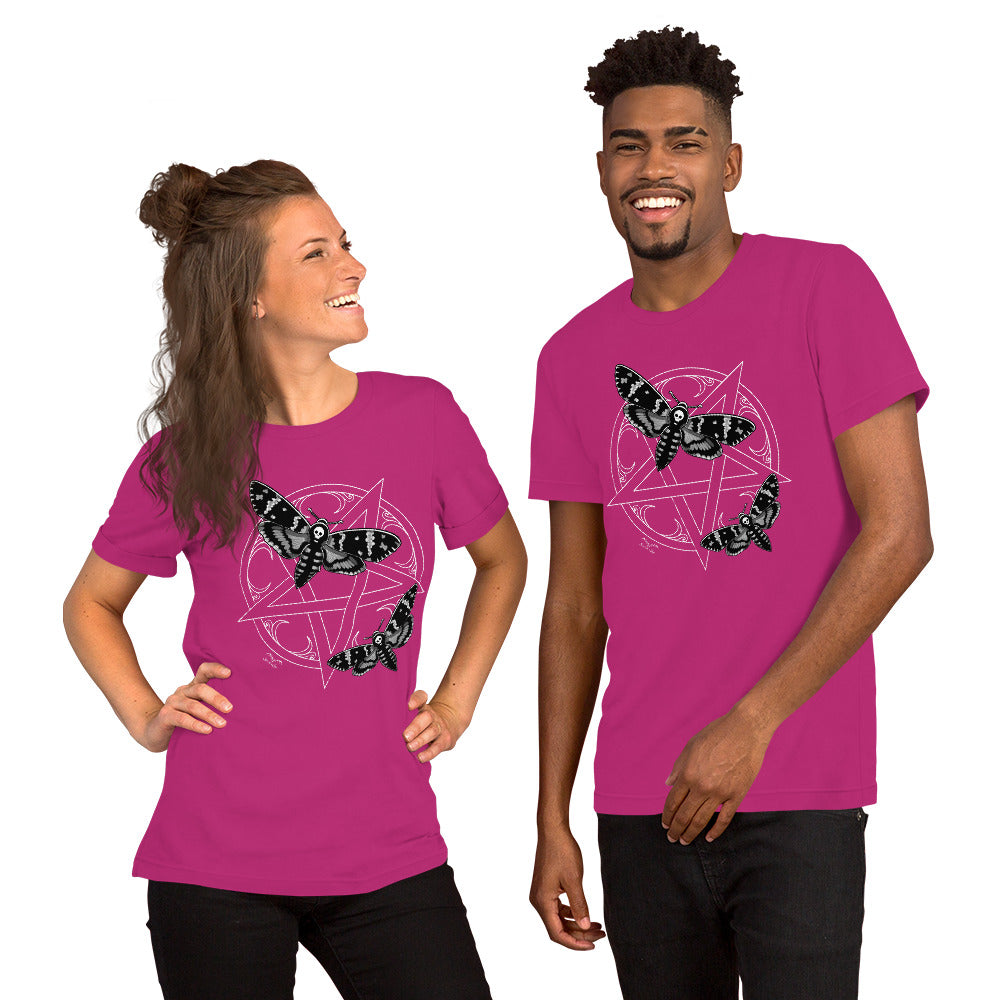 stormseye design deaths head moths pentagram T shirt modelled view pink