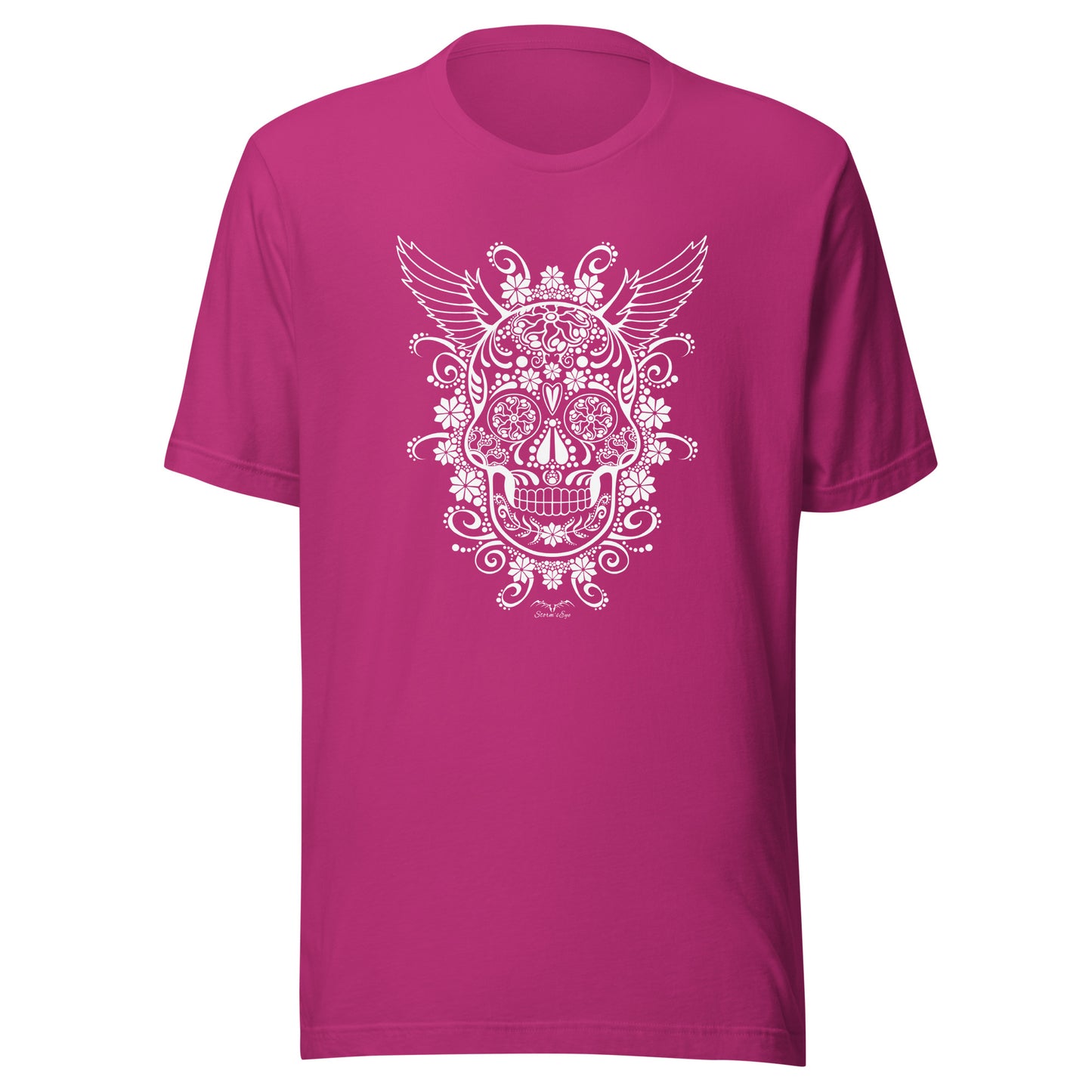 stormseye design gothic sugar skull T shirt flat view pink