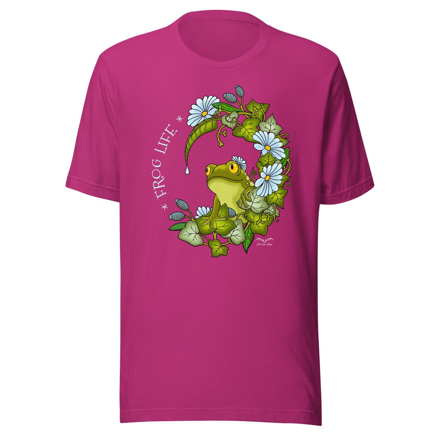 stormseye design frog life T shirt, flat view bright pink