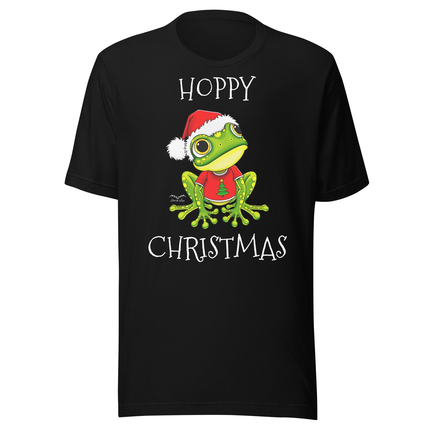 stormseye design hoppy christmas santa frog T shirt, flat view black