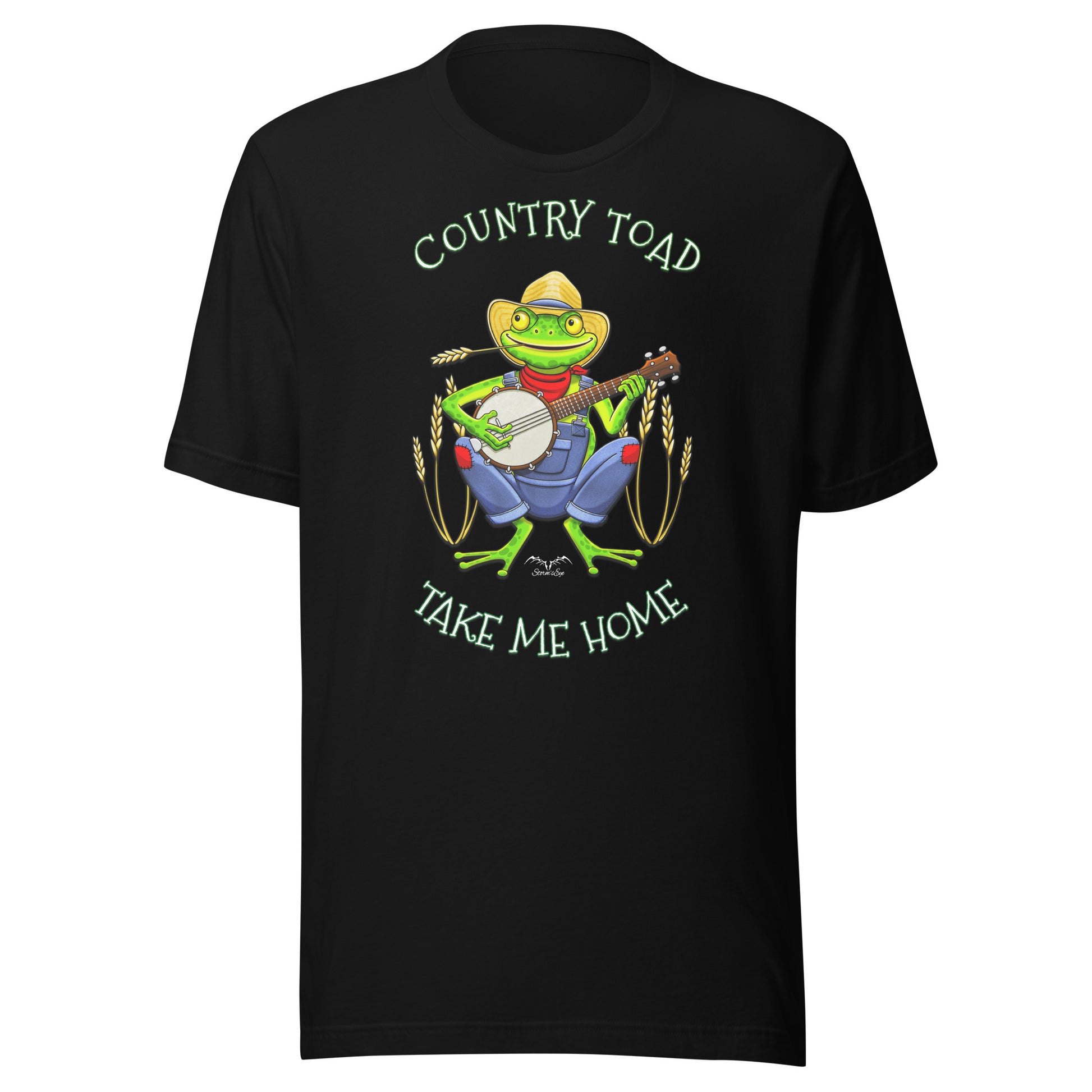 stormseye design country toad banjo T shirt, flat view black