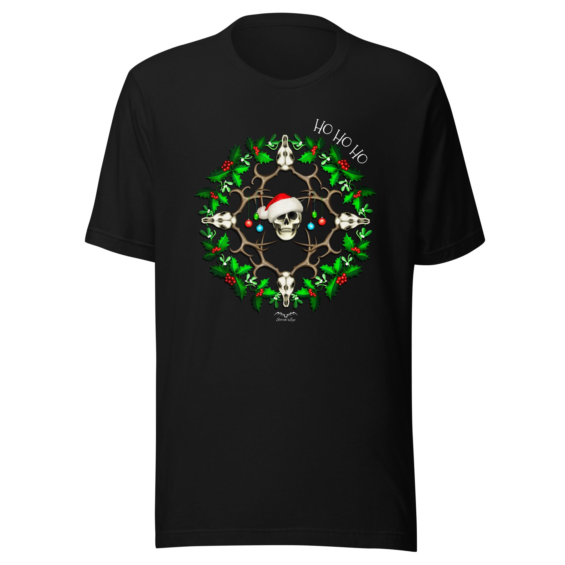 stormseye design festive skulls christmas T shirt flat view black