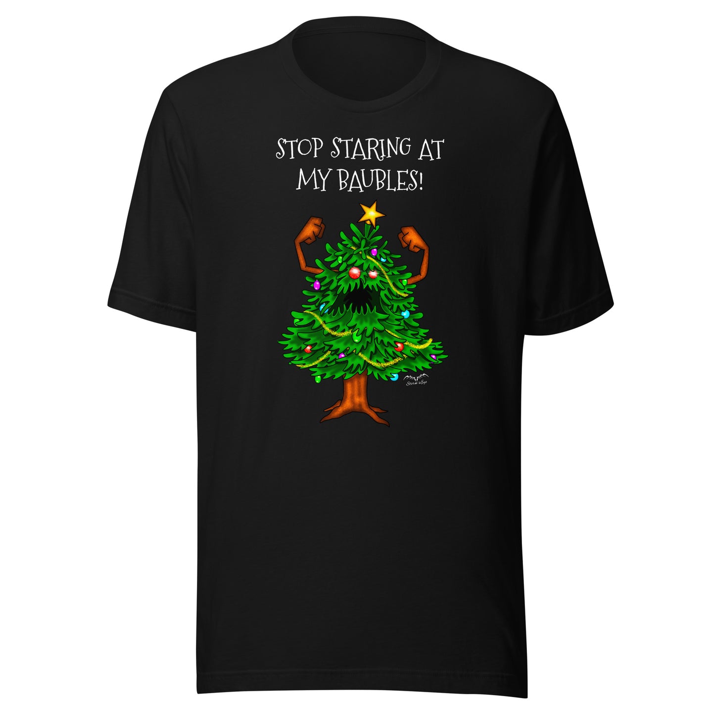 stormseye design angry christmas tree baubles T shirt, flat view black