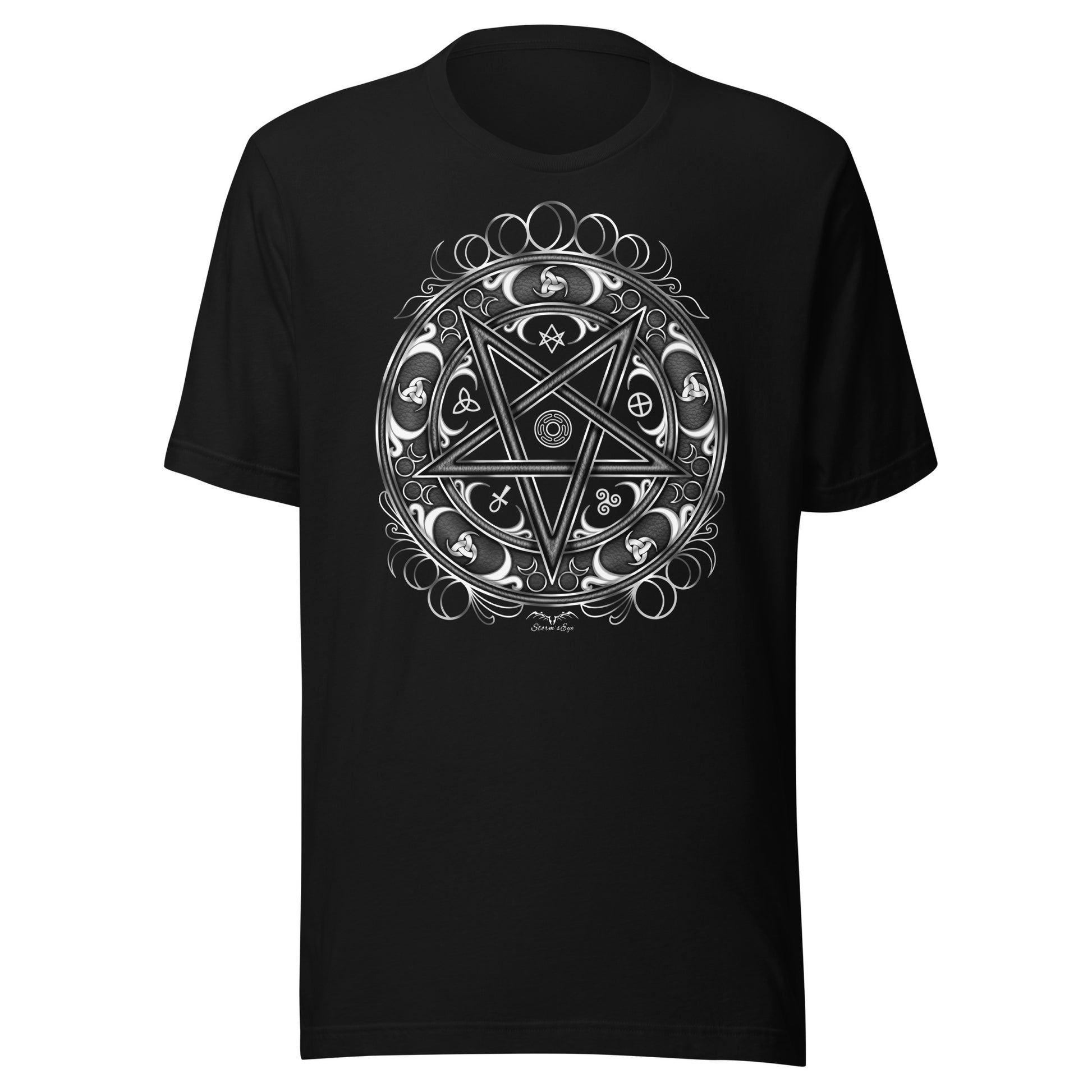 stormseye design witchy occult wheel T shirt, flat view bright black