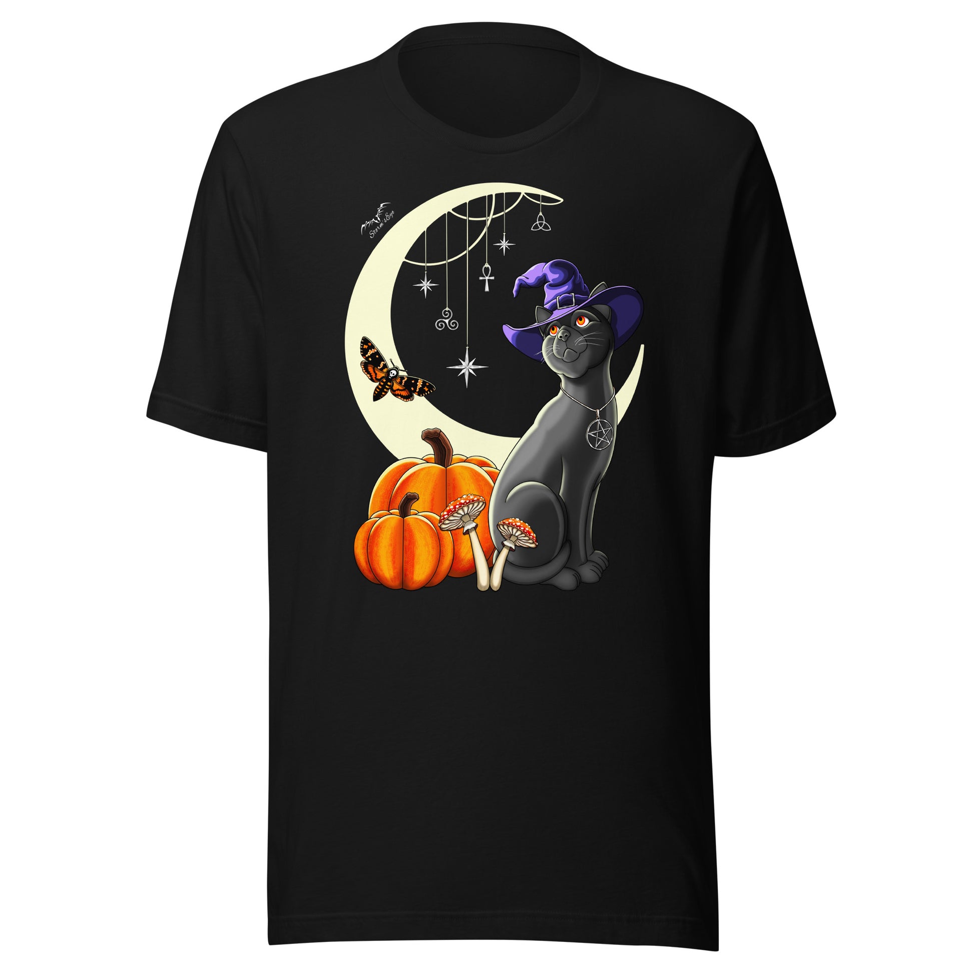 stormseye design witch's cat t-shirt halloween flat view black