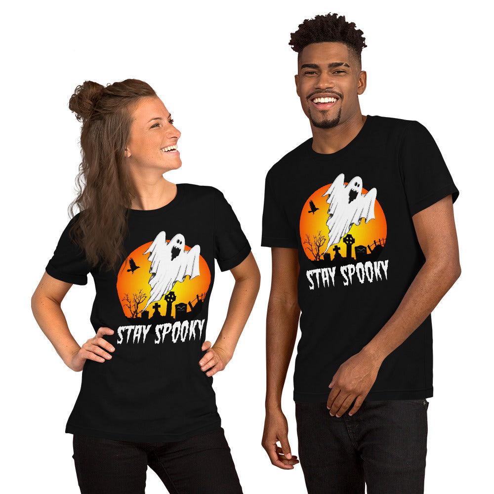 stormseye design stay spooky halloween T shirt, modelled view black