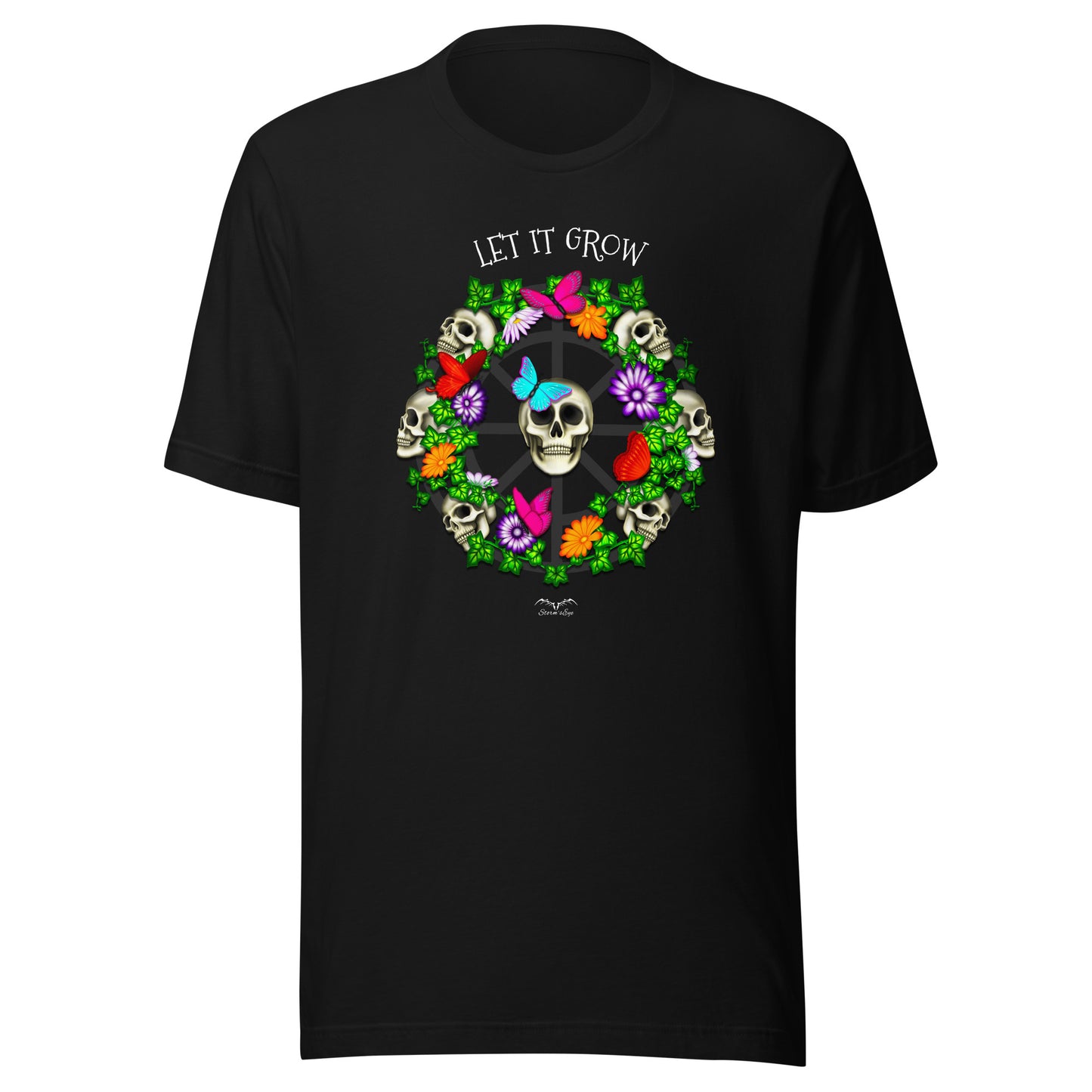 stormseye design skulls and flowers gothic T shirt, flat view black