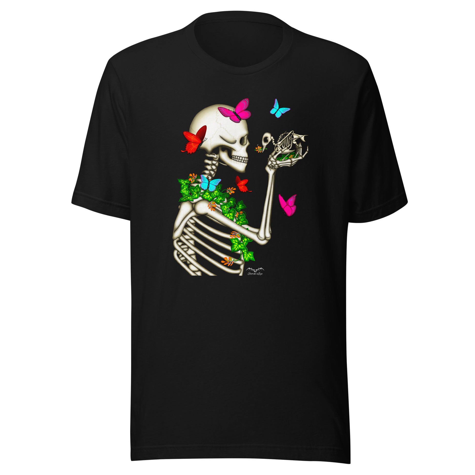 stormseye design skeleton and bird gothic T shirt, flat view black