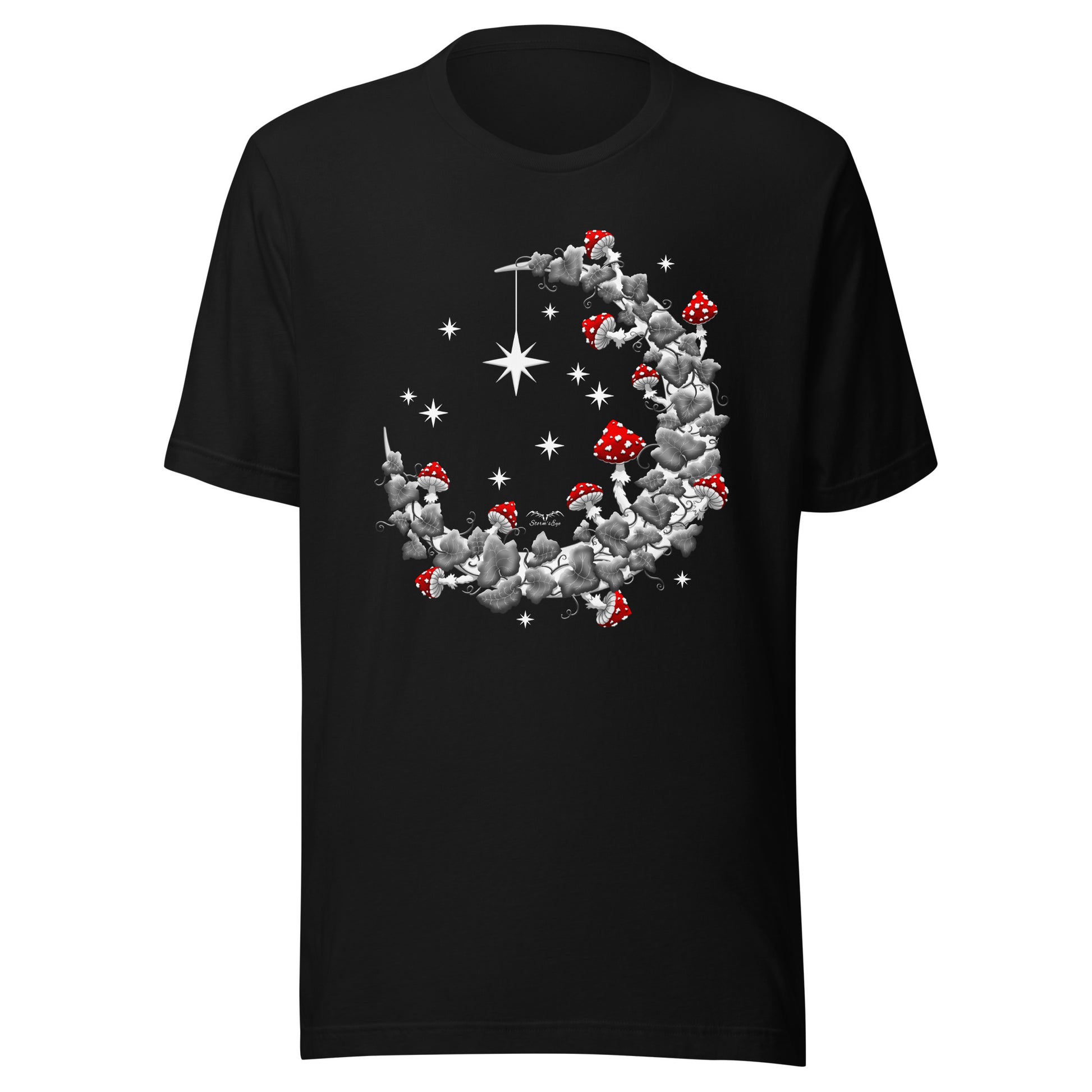 stormseye design mushroom moon BW T-shirt, flat view black