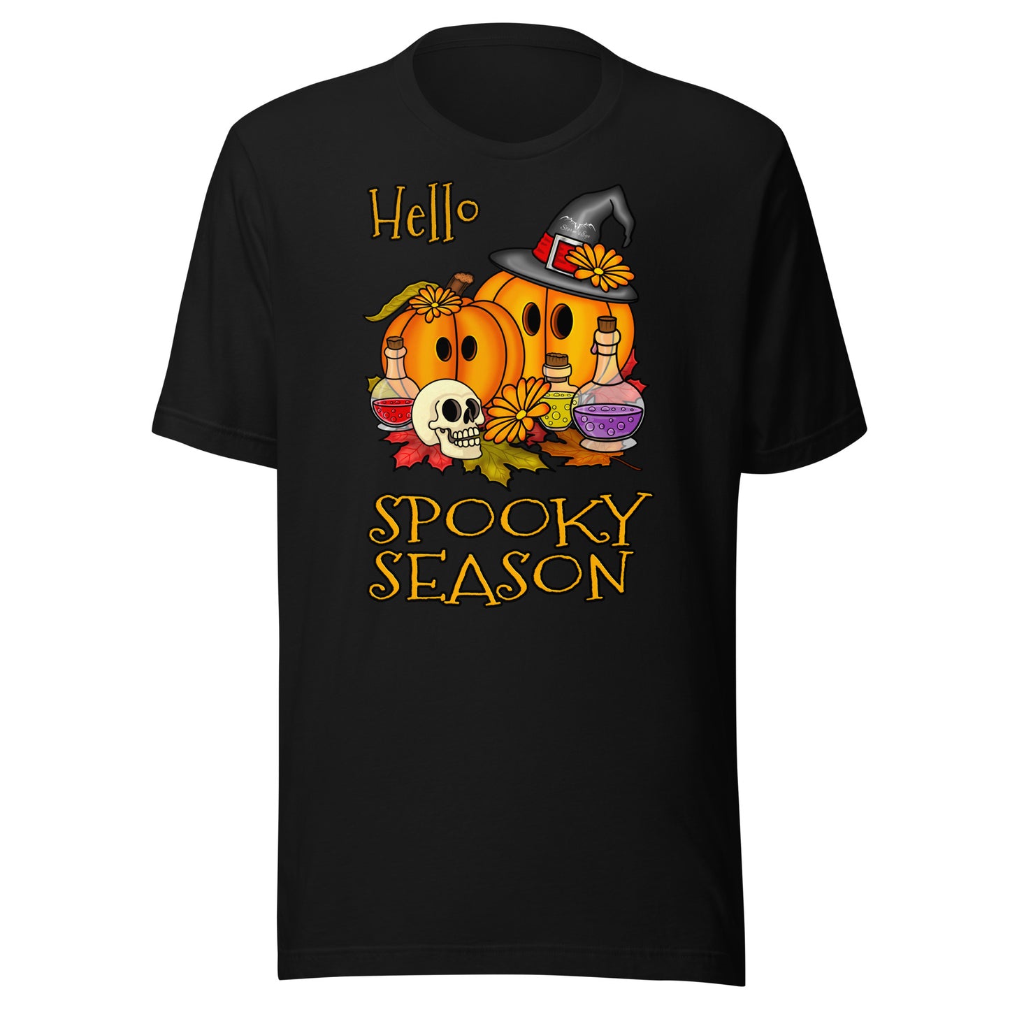 stormseye design hello spooky season halloween T shirt flat view black