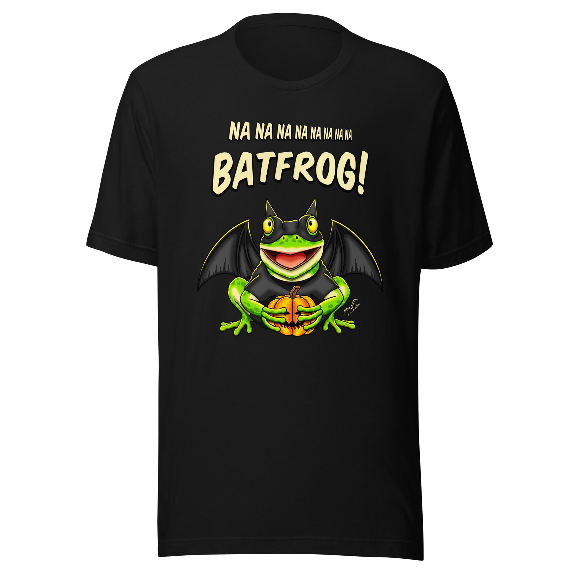 stormseye design funny bat frog halloween T shirt flat view black