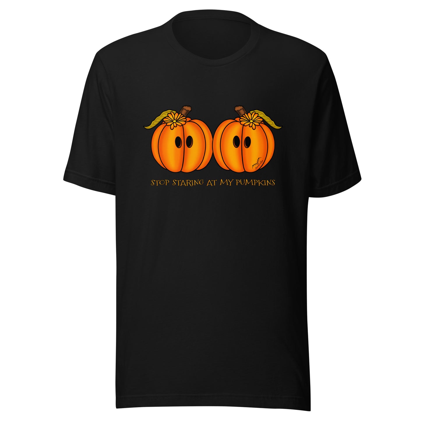 stormseye design staring pumpkins T shirt flat view black