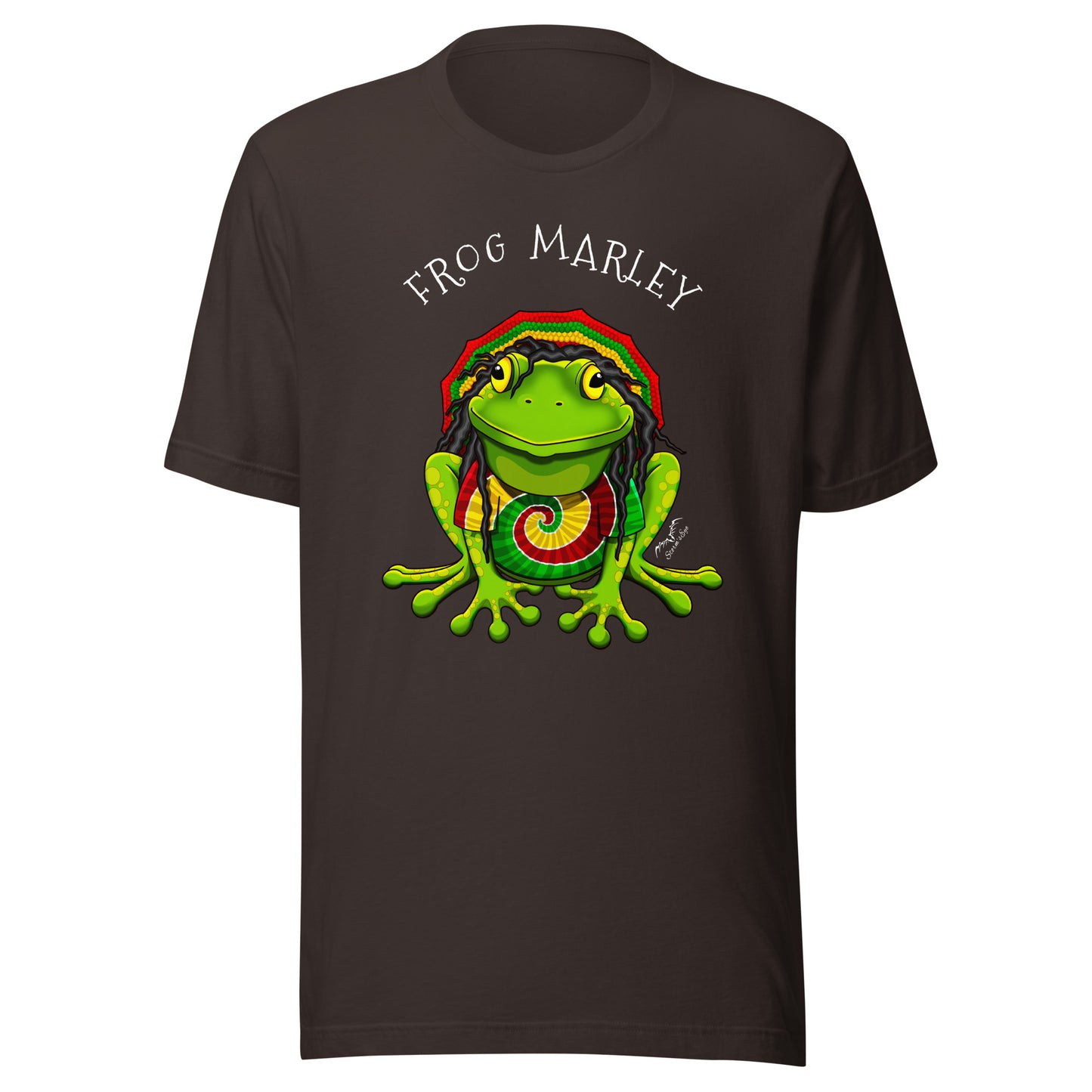stormseye design frog marley reggae T shirt, flat view brown