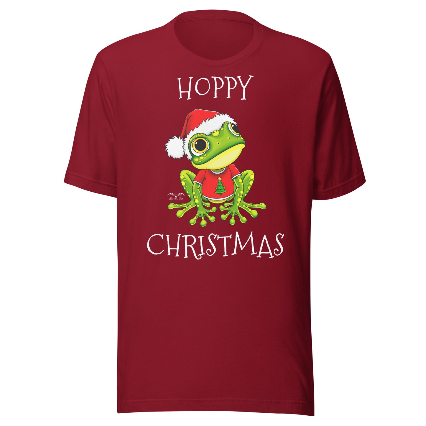 stormseye design hoppy christmas santa frog T shirt, flat view cardinal red