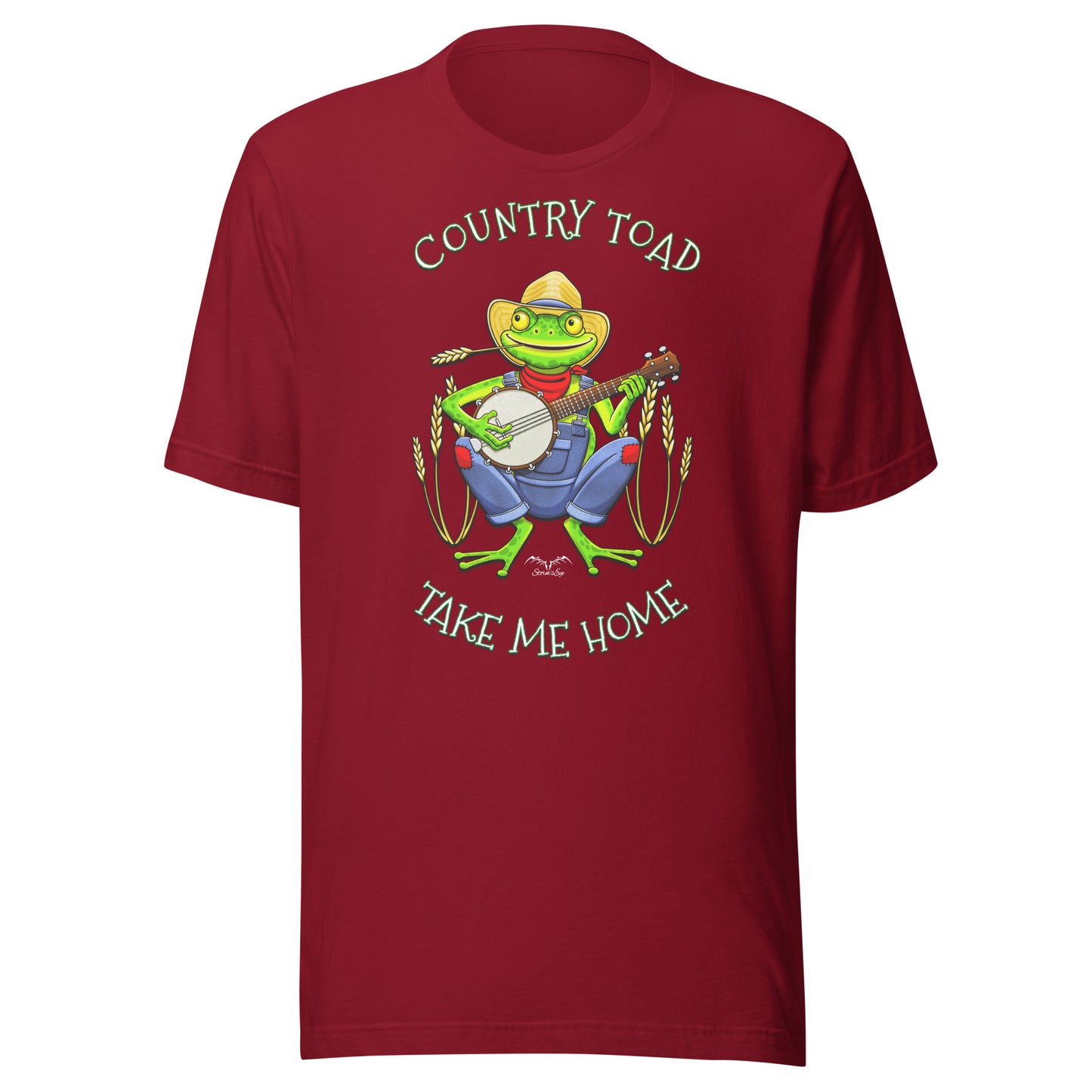 stormseye design country toad banjo T shirt, flat view cardinal red