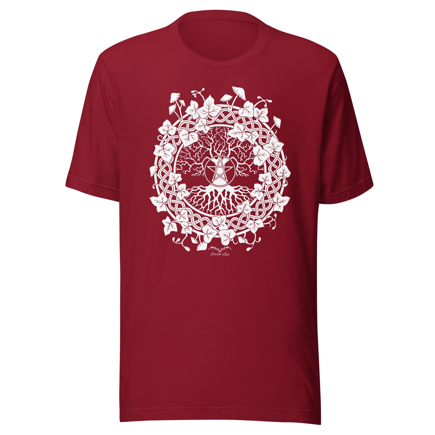 stormseye design pagan tree of life t-shirt flat view cardinal red