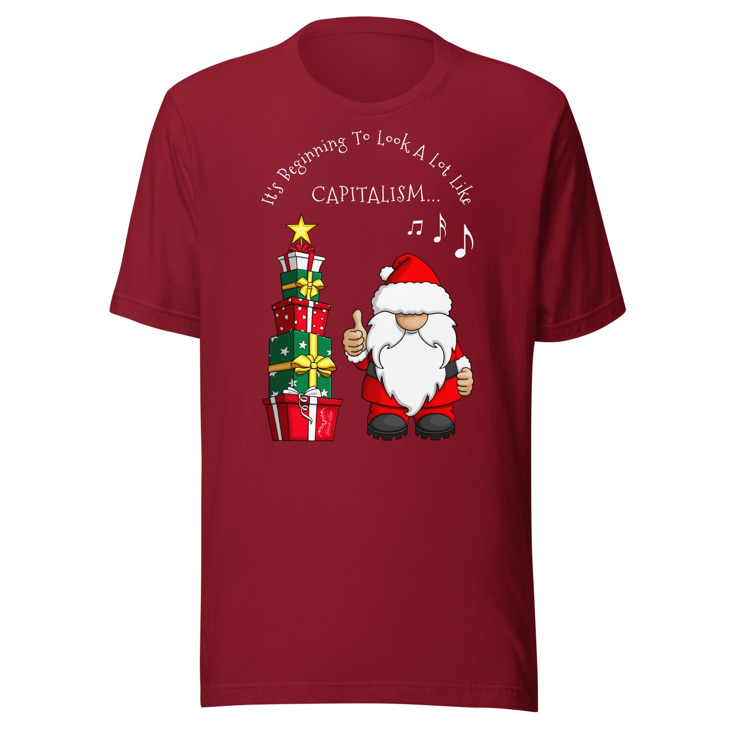 stormseye design festive capitalism christmas T shirt, flat view cardinal red