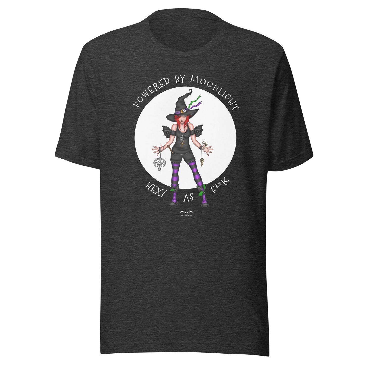 stormseye design hexy witch witchcraft T shirt, flat view dark grey heather