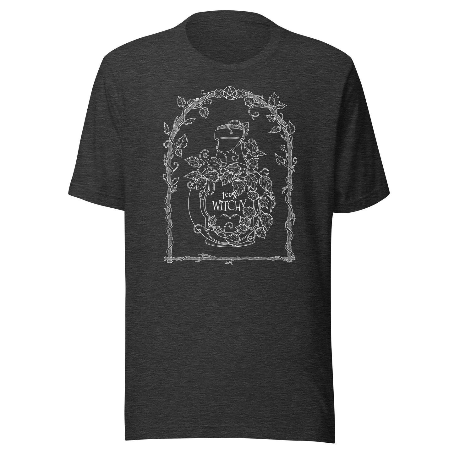 stormseye design 100% witchy witchcraft T shirt, flat view dark grey heather