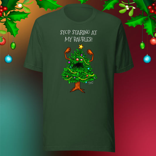 angry christmas tree baubles t-shirt holly green by stormseye design