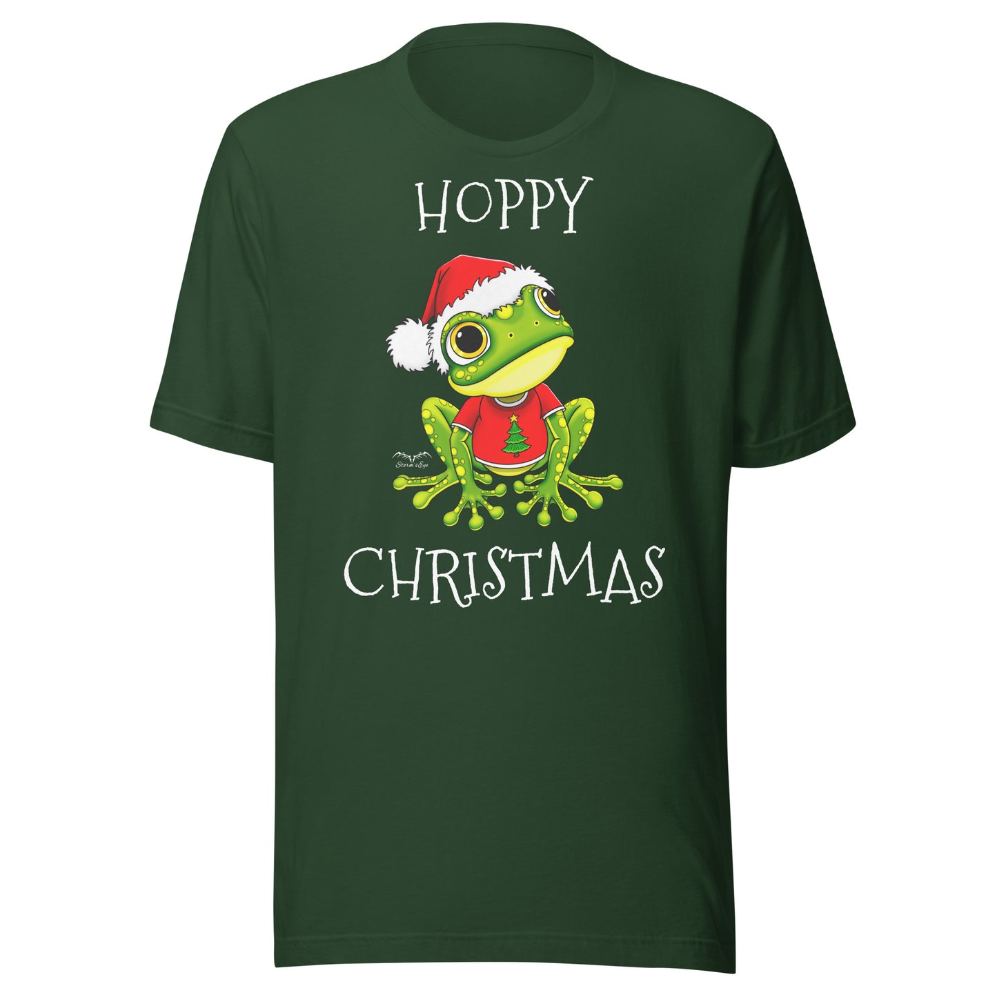 stormseye design hoppy christmas santa frog T shirt, flat view forest green