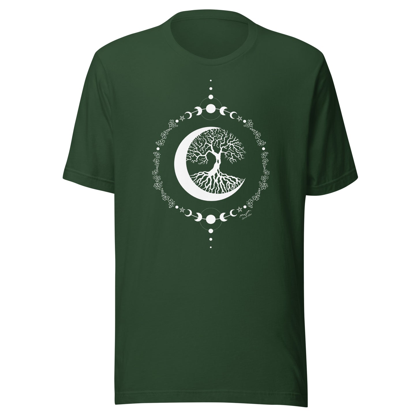 stormseye design witching hour tree of life T shirt, flat view forest green