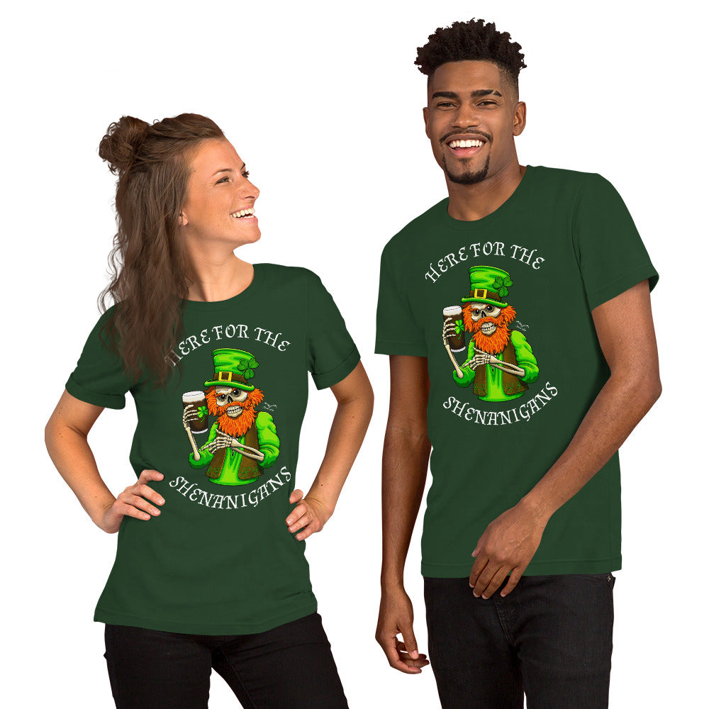 stormseye design st patricks day shenanigans T shirt, modelled view forest green
