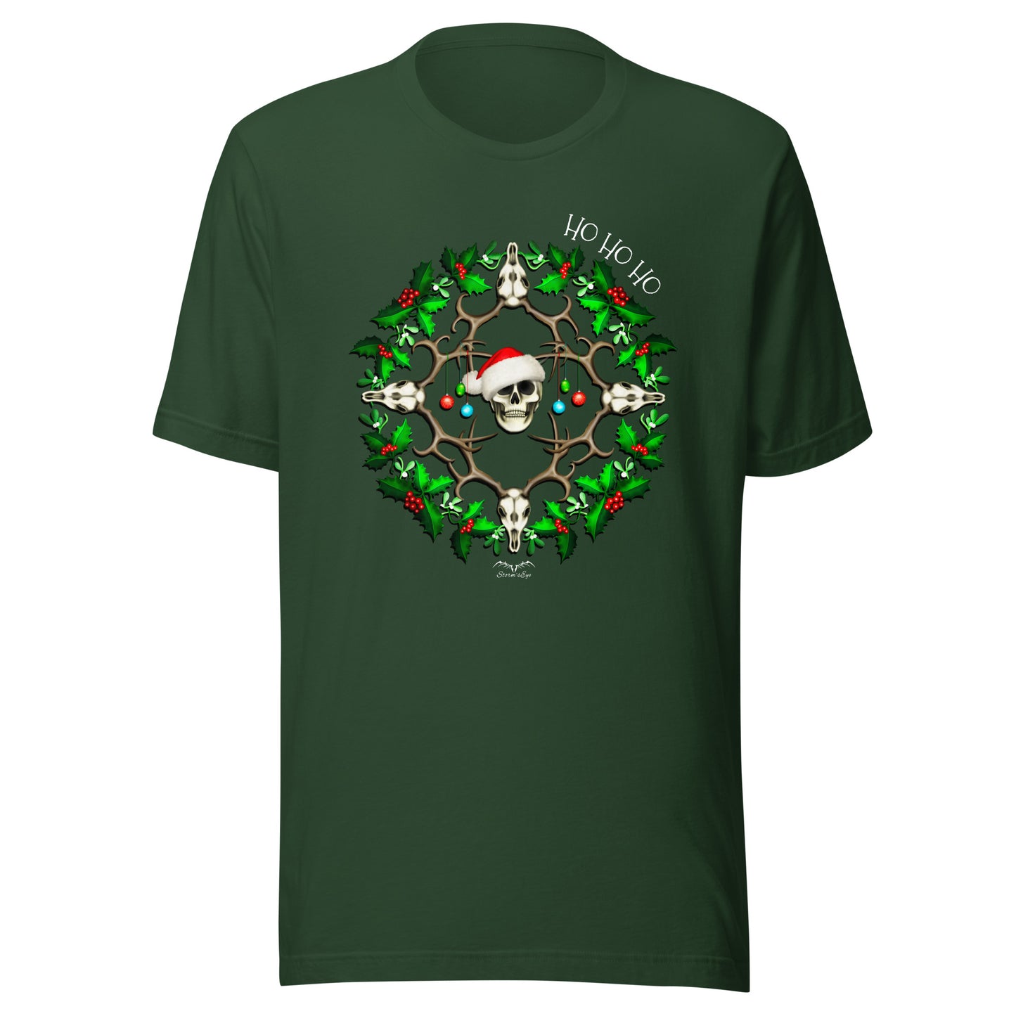 stormseye design festive skulls christmas T shirt flat view forest green