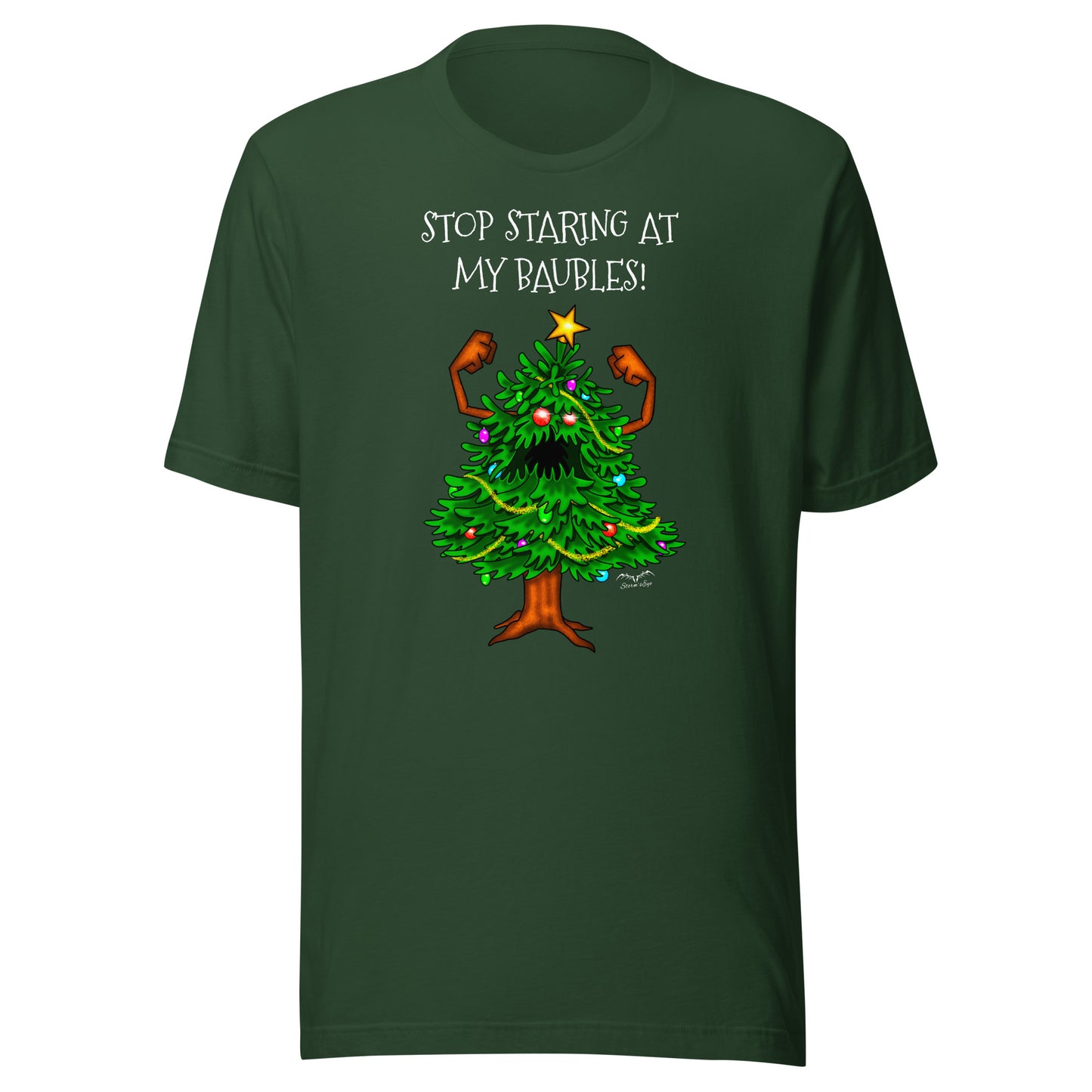 stormseye design angry christmas tree baubles T shirt, flat view forest green