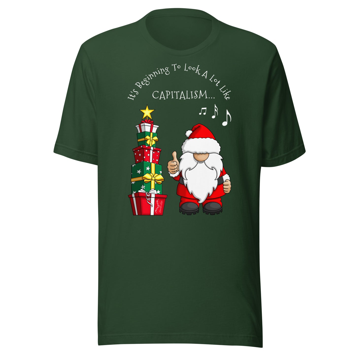 stormseye design festive capitalism christmas T shirt, flat view forest green