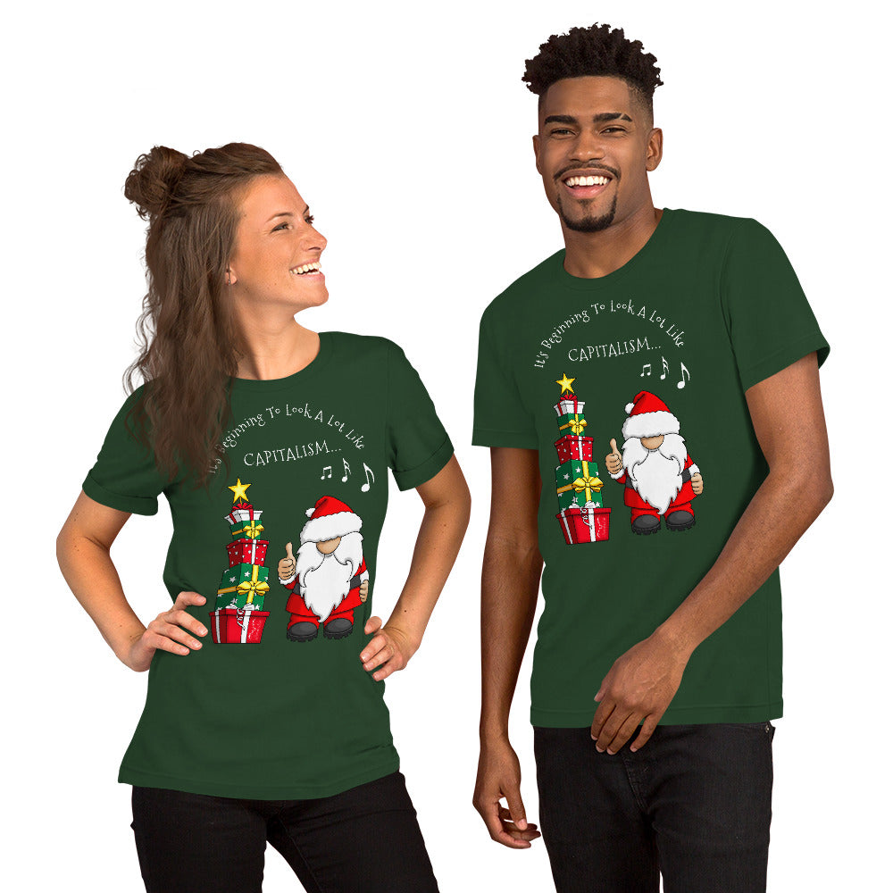 stormseye design festive capitalism christmas T shirt, modelled view forest green