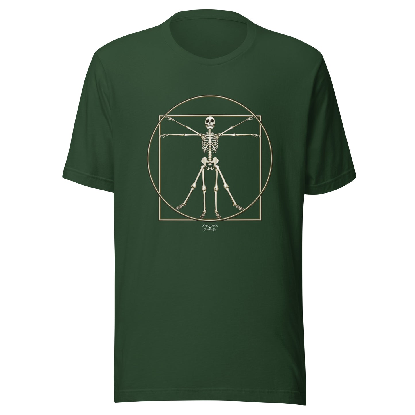 stormseye design vitruvian skeleton gothic t-shirt flat view forest green