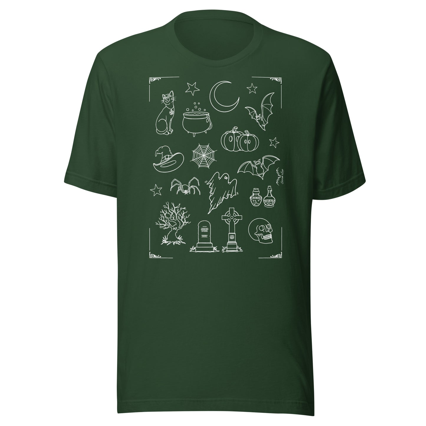 stormseye design halloween vibe spooky T shirt flat view forest green
