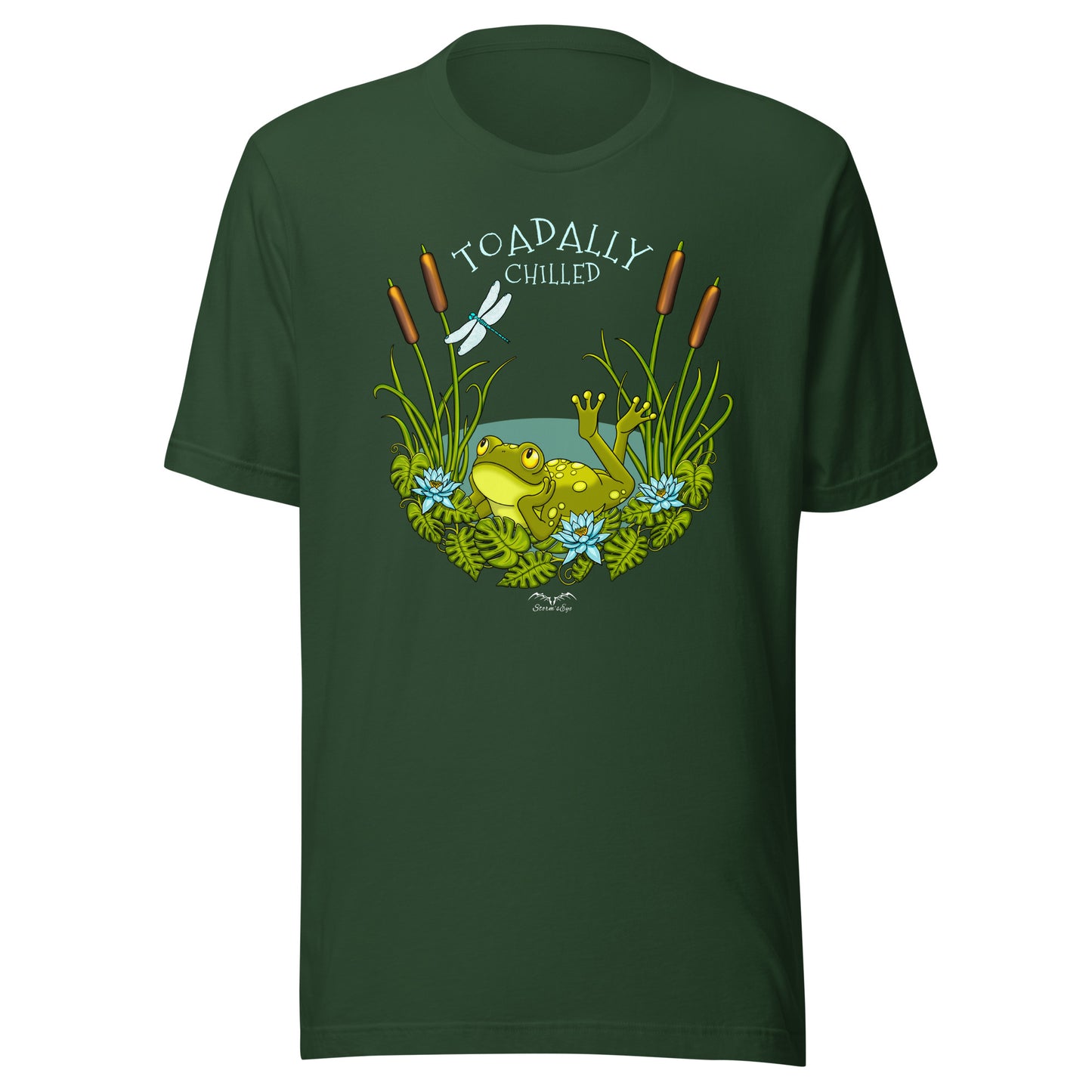 stormseye design toadally chilled T shirt, flat view dark green