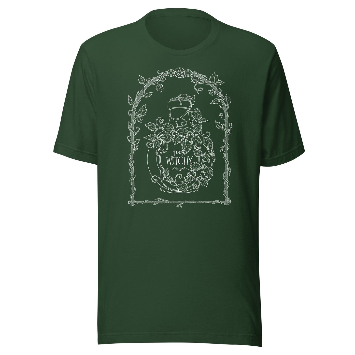 stormseye design 100% witchy witchcraft T shirt, flat view forest green