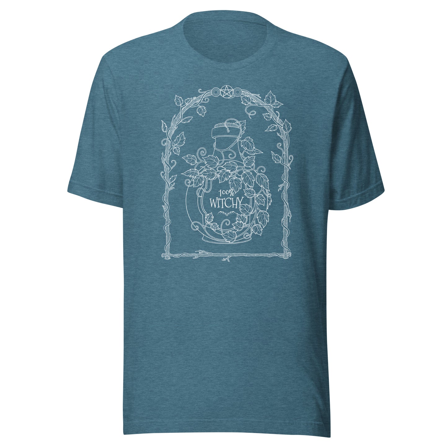 stormseye design 100% witchy witchcraft T shirt, flat view heather teal