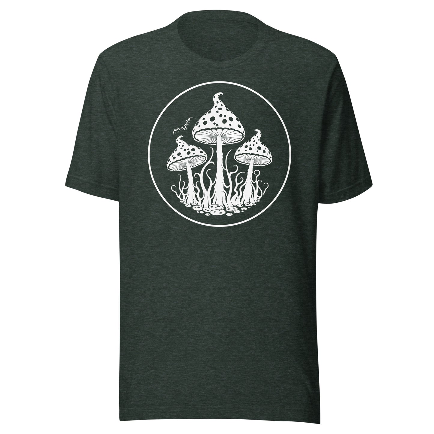 stormseye design trippy mushrooms T shirt, flat view heather forest green