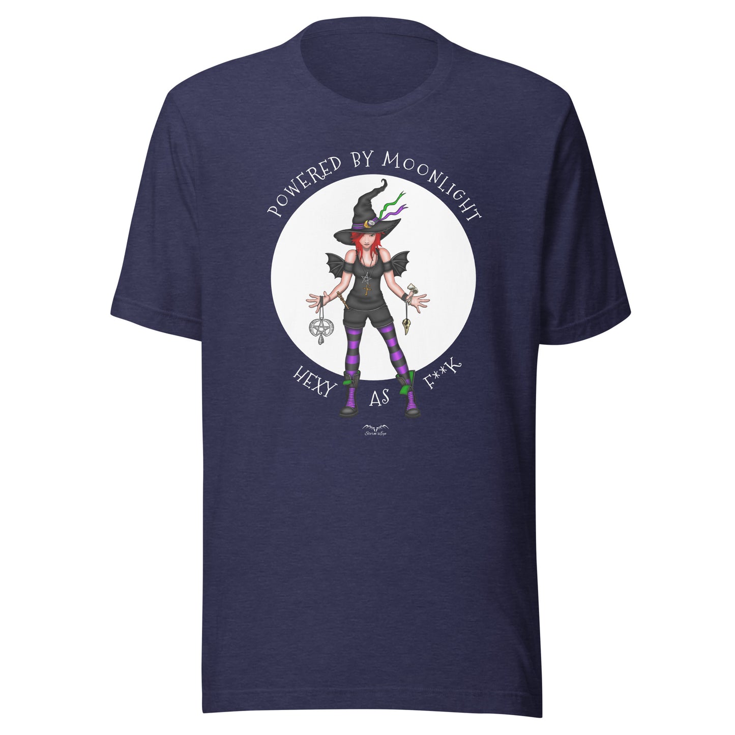 stormseye design hexy witch witchcraft T shirt, flat view navy blue