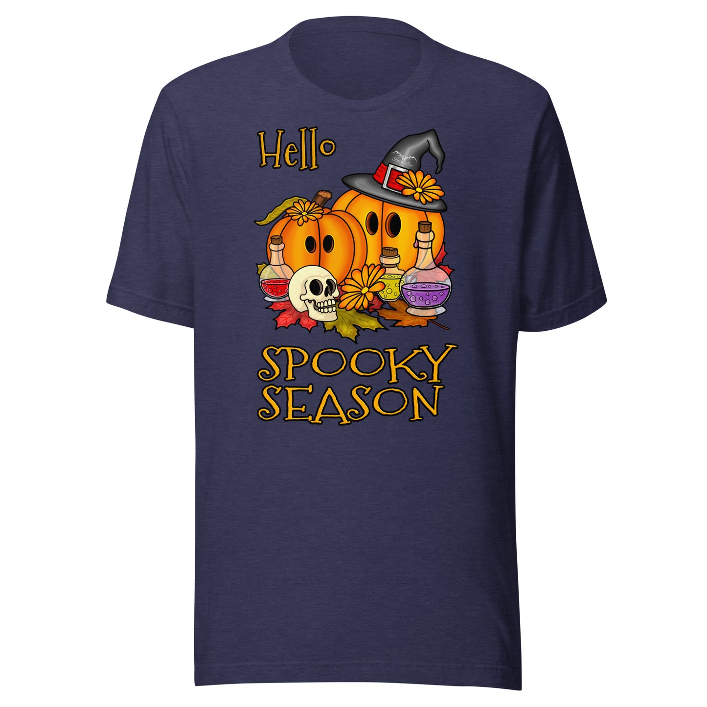 stormseye design hello spooky season halloween T shirt flat view navy blue