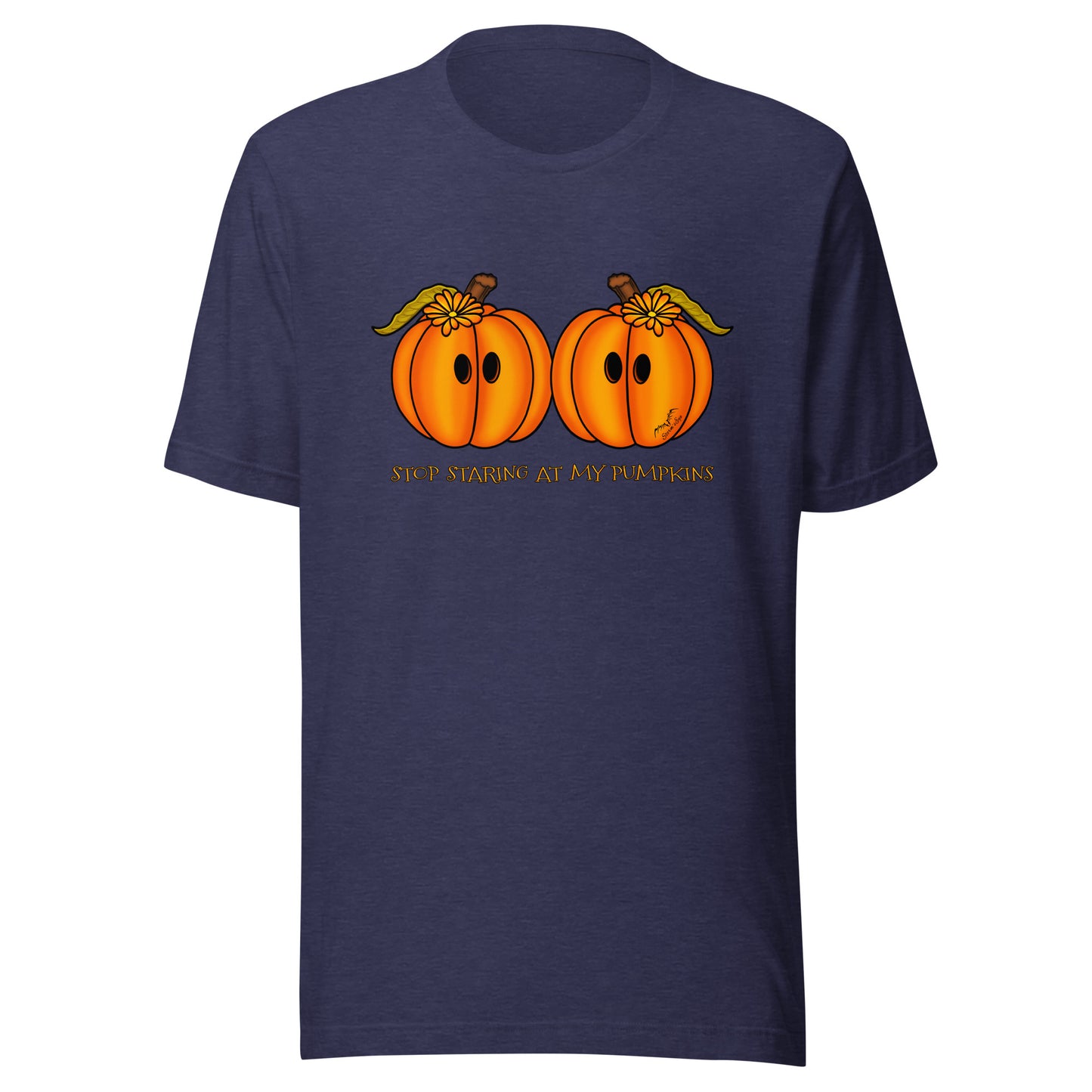 stormseye design staring pumpkins T shirt flat view navy blue