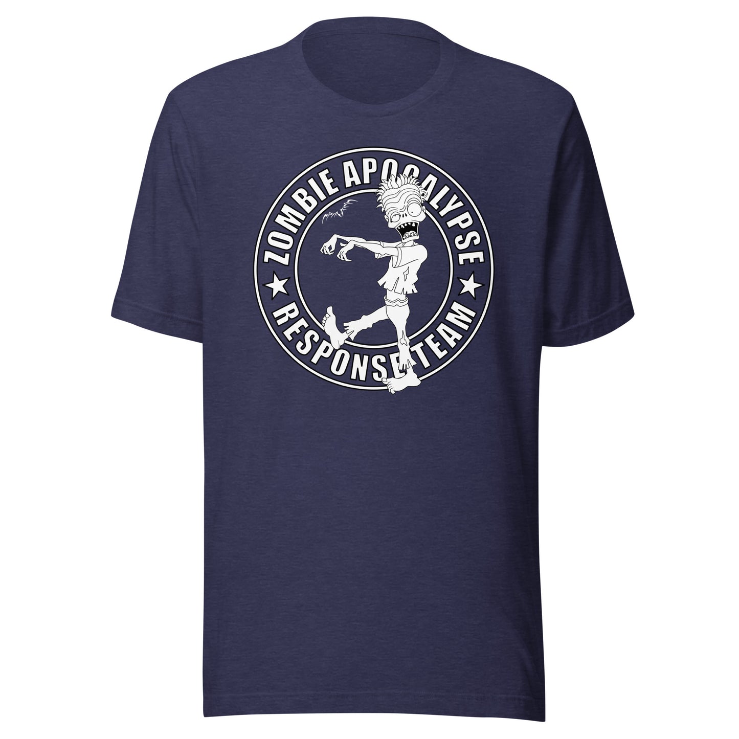 stormseye design zombie apocalypse T shirt, flat view heather navy