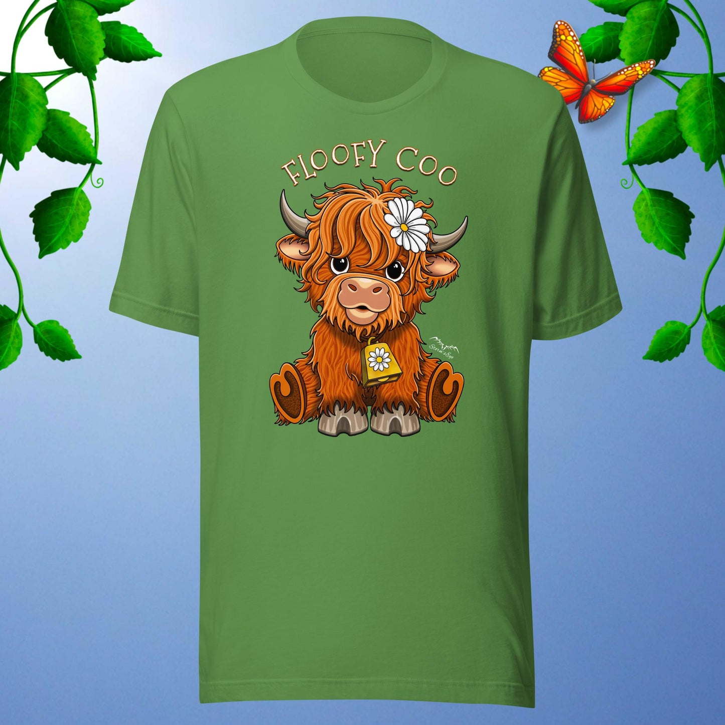 floofy coo highland cow T-shirt, bright green by Stormseye Design