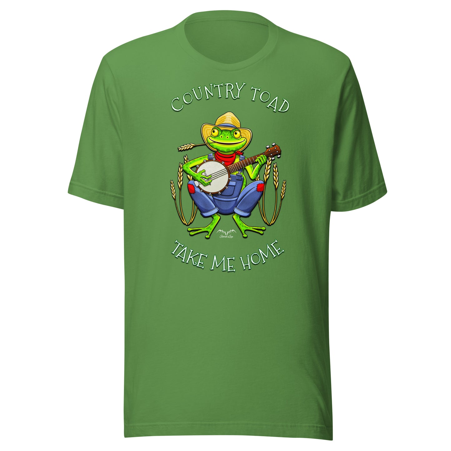 stormseye design country toad banjo T shirt, flat view bright green