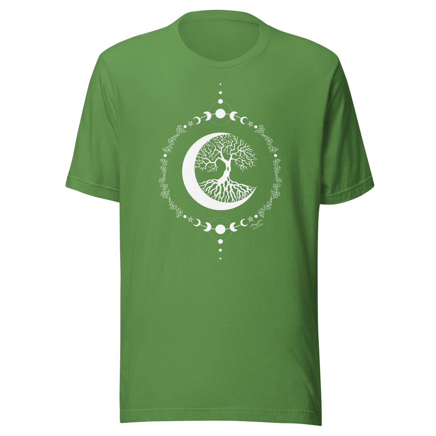 stormseye design witching hour tree of life T shirt, flat view leaf green