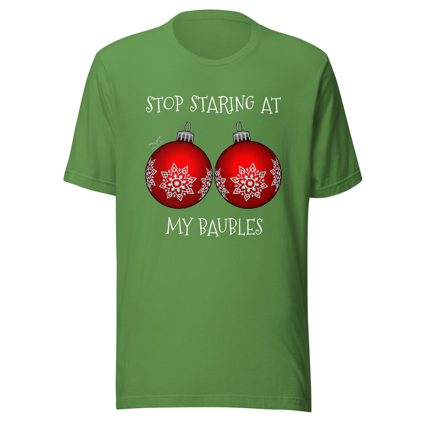 stormseye design stop staring baubles christmas T shirt, flat view leaf green