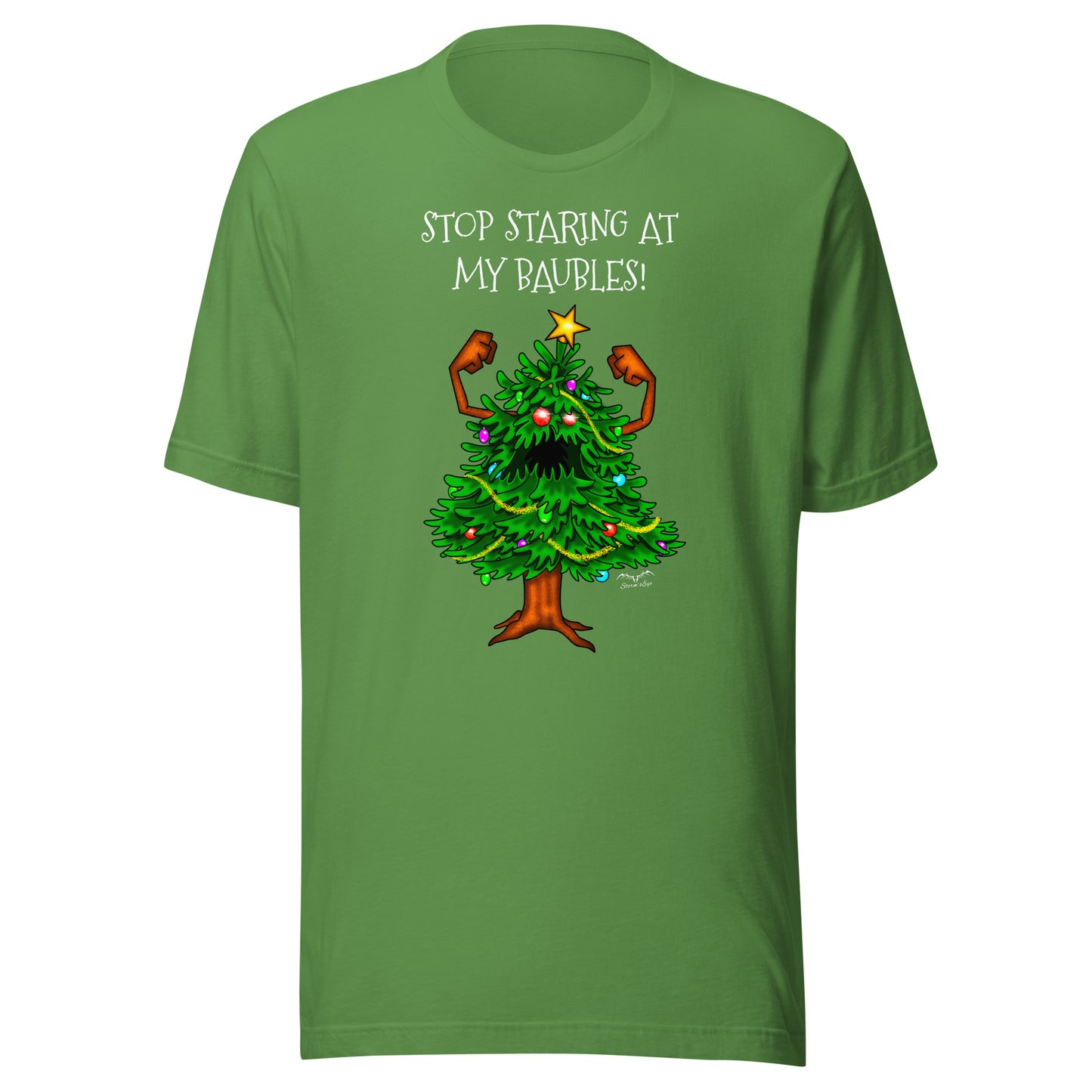 stormseye design angry christmas tree baubles T shirt, flat view leaf green