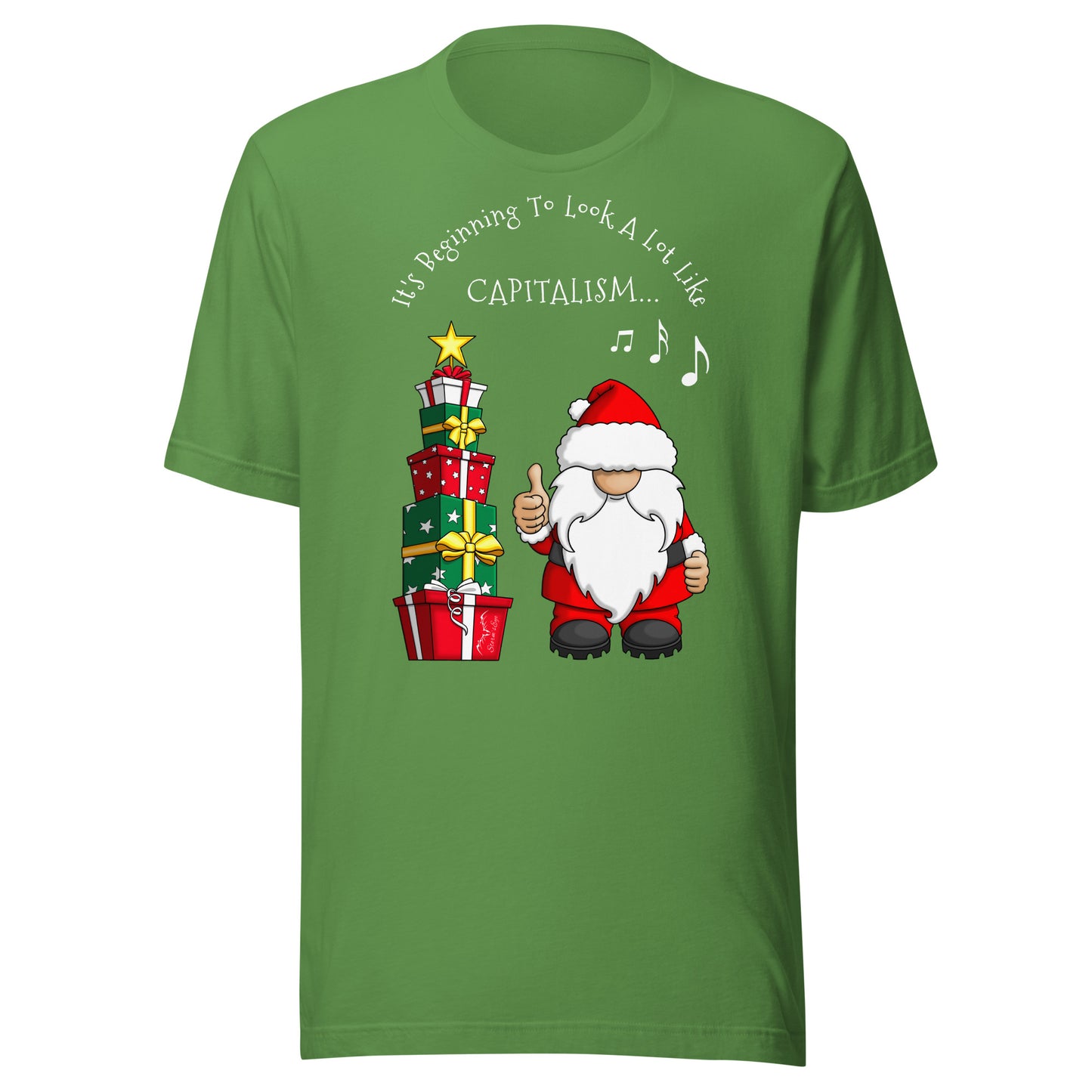 stormseye design festive capitalism christmas T shirt, flat view leaf green